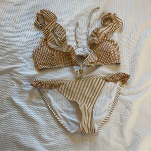 Striped Brown and White Bikini Set aerie small bottom medium top ruffles